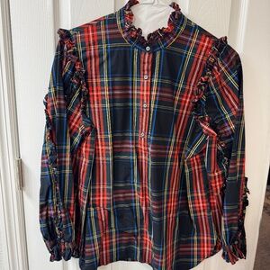 J.Crew Christmas Plaid Ruffle-Sleeve Button Front Blouse – XL